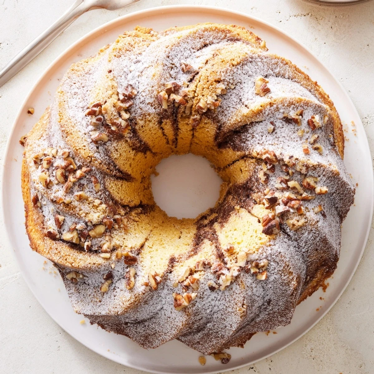 Freshly baked Easy Breakfast Bundt Coffee cake with vanilla aroma, ready to serve for brunch gatherings.