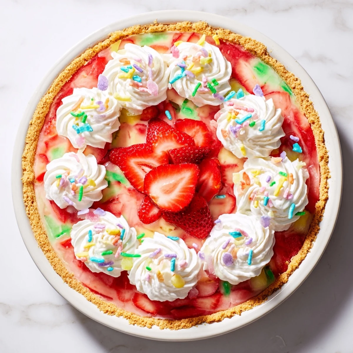 Freshly sliced Easter No Bake Jello Pie reveals creamy strawberry layers and a buttery graham cracker crust. 
