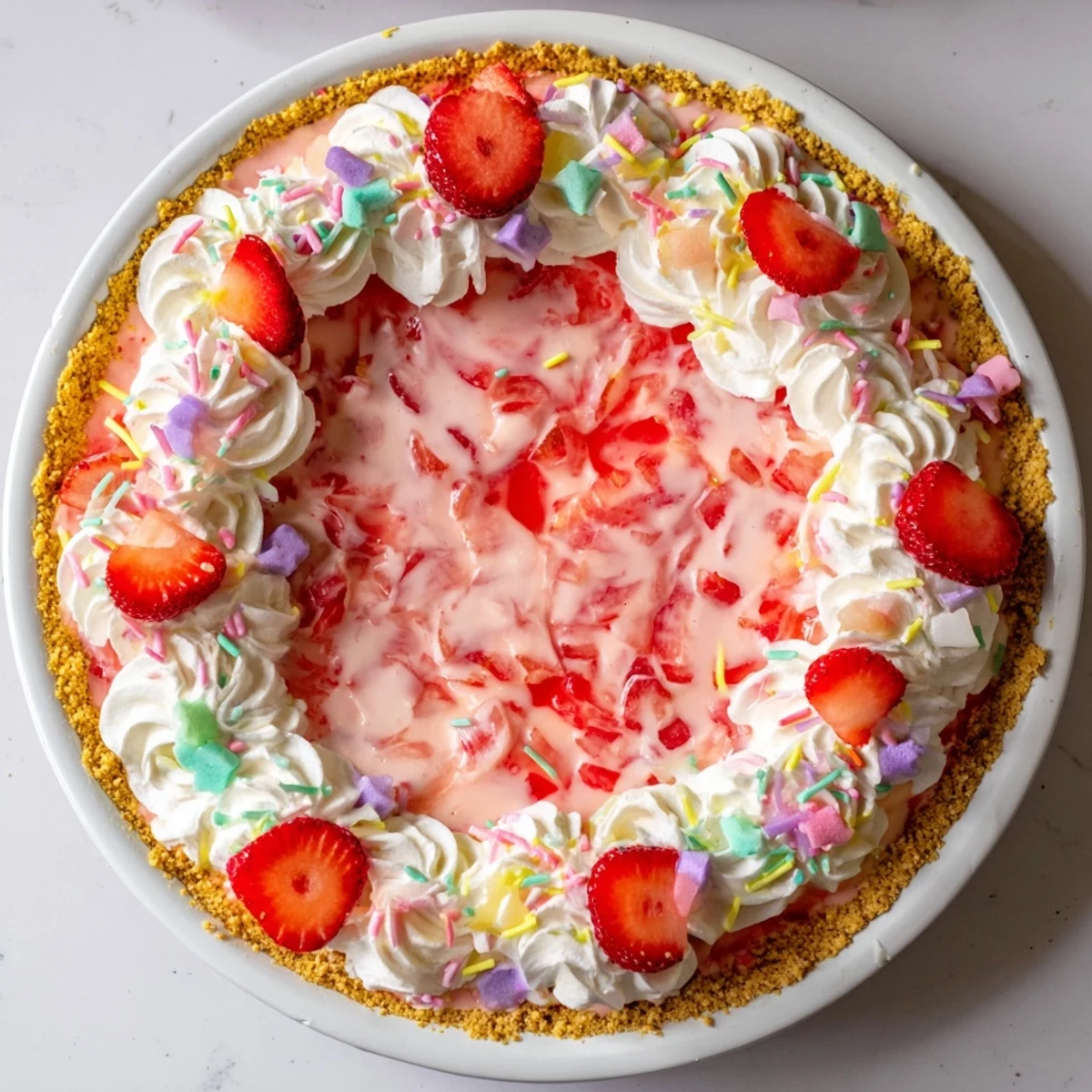 Spring sunlight shines on the vibrant pink Jello layer of this Easter No Bake Jello Pie garnished with fresh berries.