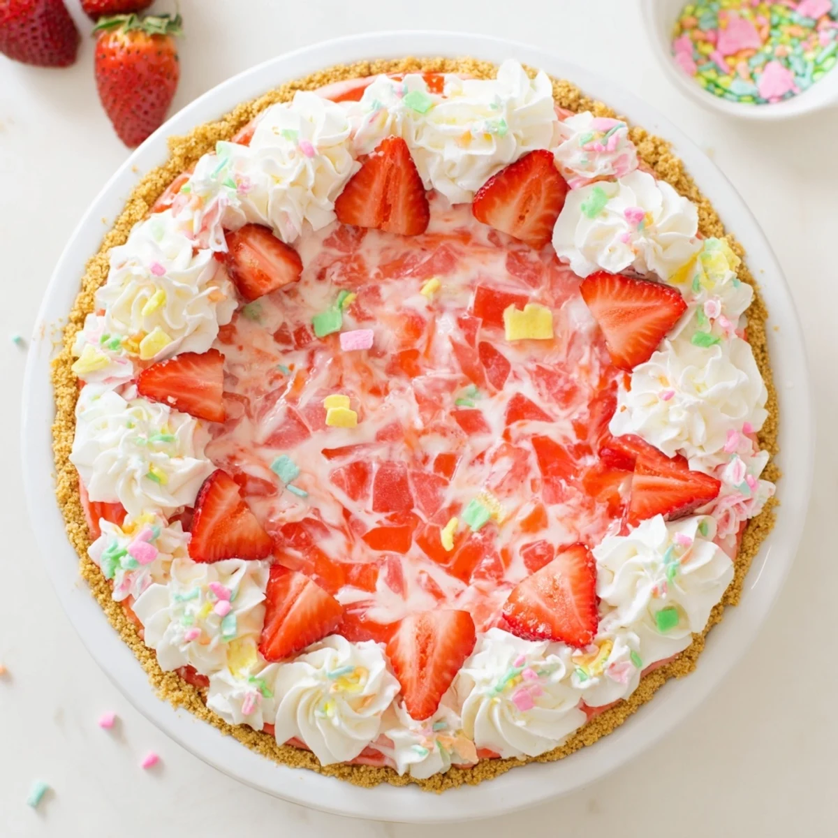 A chilled slice of Easter No Bake Jello Pie topped with whipped cream and strawberries rests on a pastel plate. 