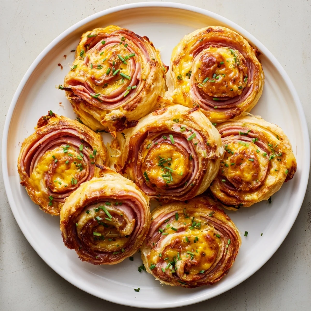 Freshly baked Easter Ham Cheddar Pinwheels with flaky golden pastry and melted cheese on a wooden board.