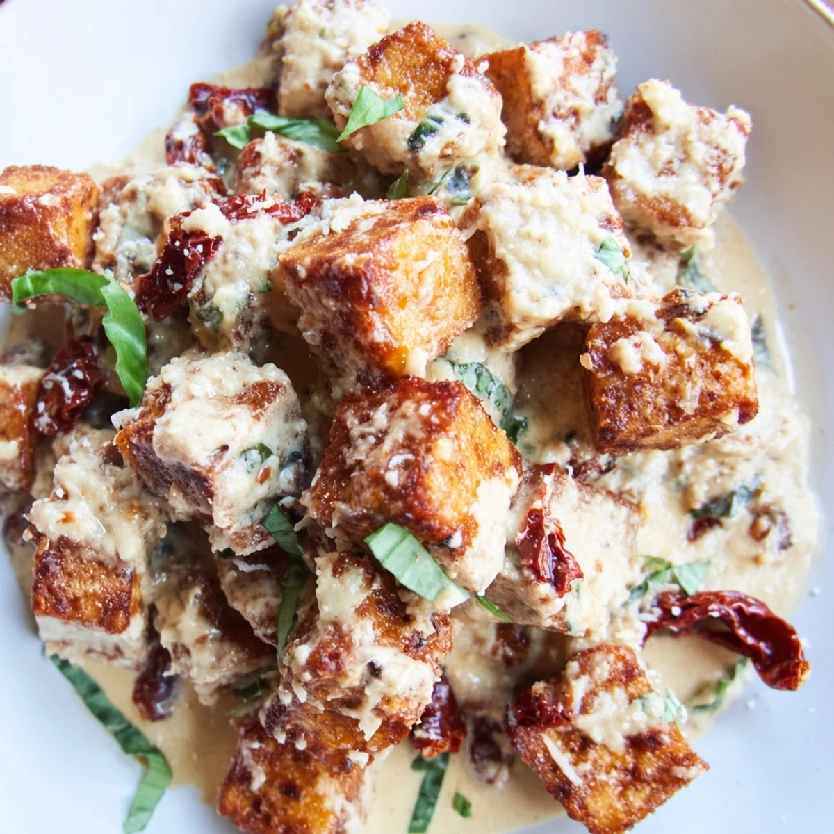 Golden crispy tofu cubes swim in a rich sun-dried tomato cream sauce with fresh basil