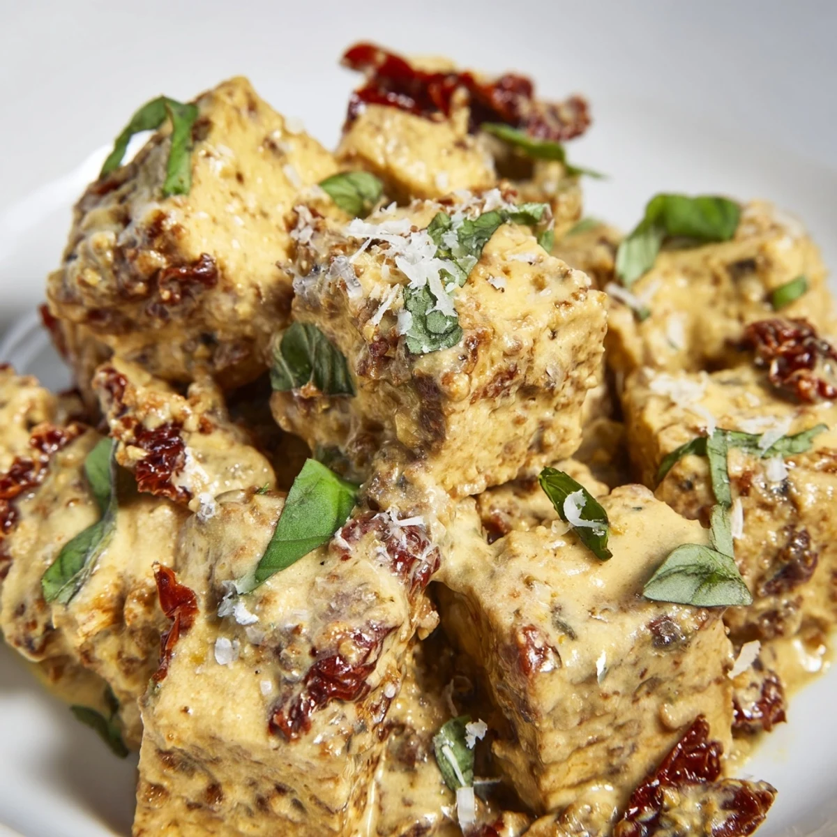 Crispy pan-fried tofu coated in savory garlic sun-dried tomato cream sauce garnished with herbs