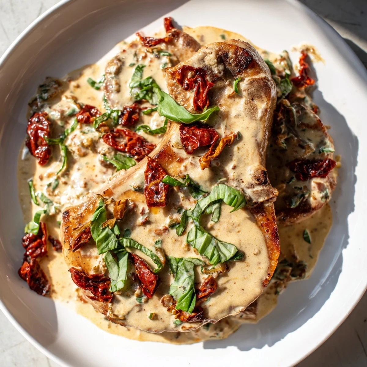 Golden seared pork chops resting in creamy sun-dried tomato parmesan sauce with fresh basil garnish