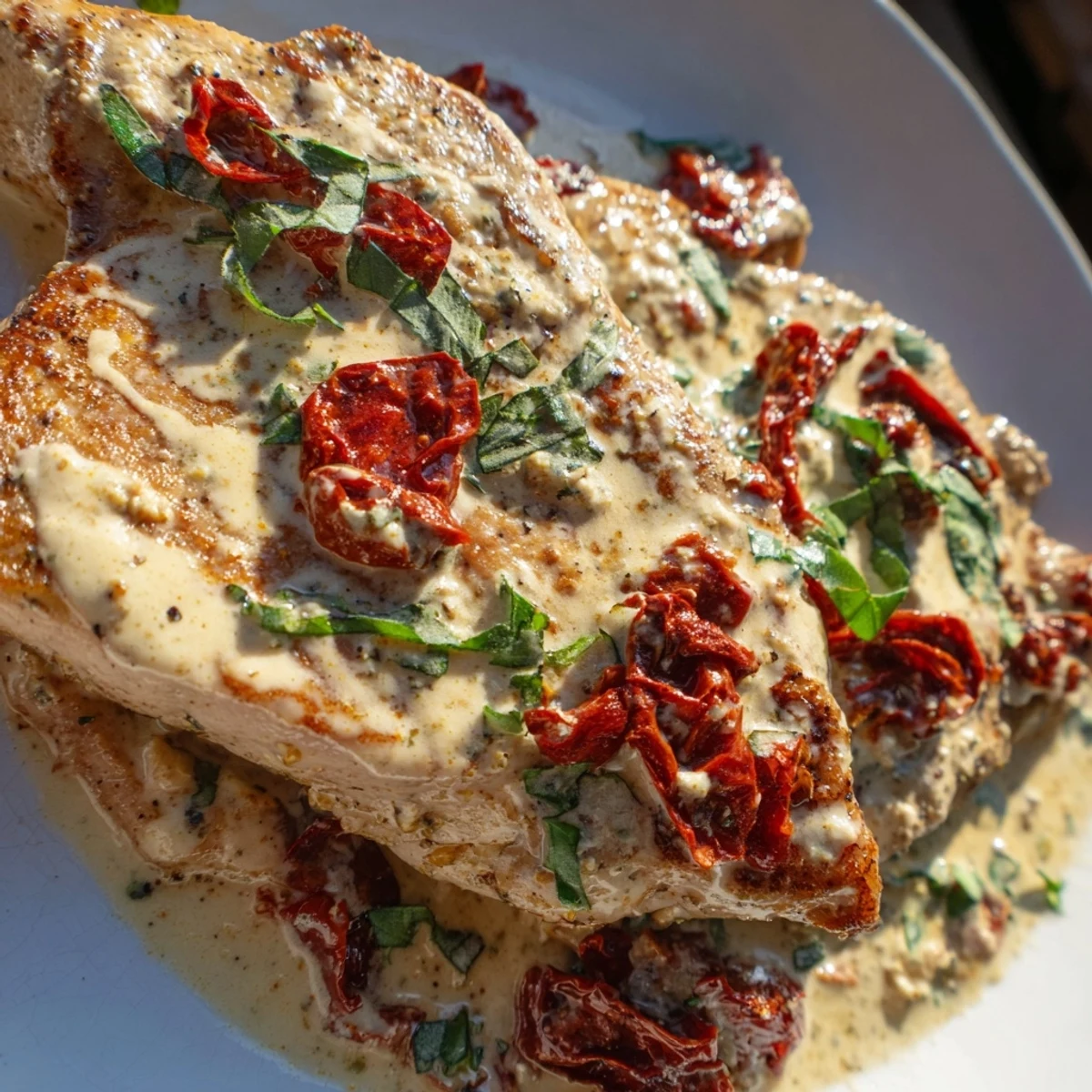 Tender Marry Me Pork Chops simmered in rich white sauce dotted with vibrant red sun-dried tomatoes