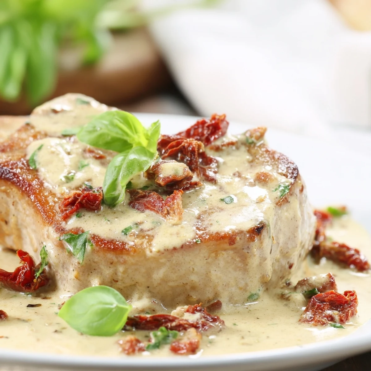 Plate of succulent pork in thick creamy sauce topped with chopped basil and grated parmesan cheese