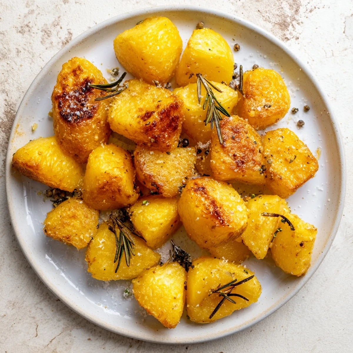 Golden homemade roast potatoes with crispy edges and fluffy centers arranged on a white serving platter