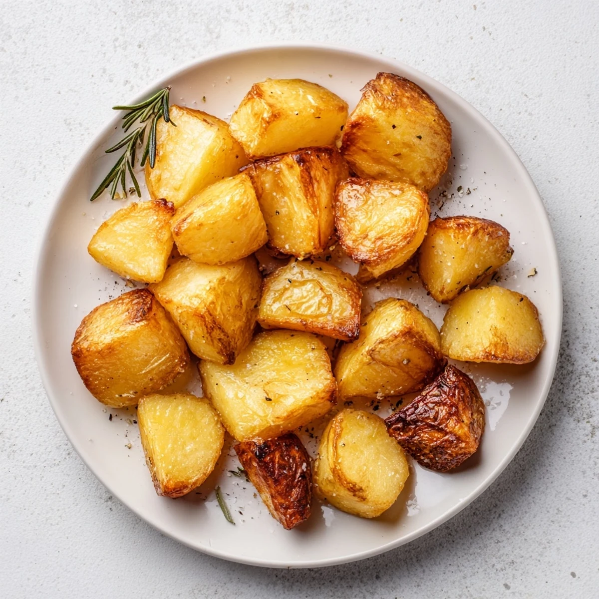 Oven-baked homemade roast potatoes with rosemary garnish displaying deep golden brown crispy exterior texture