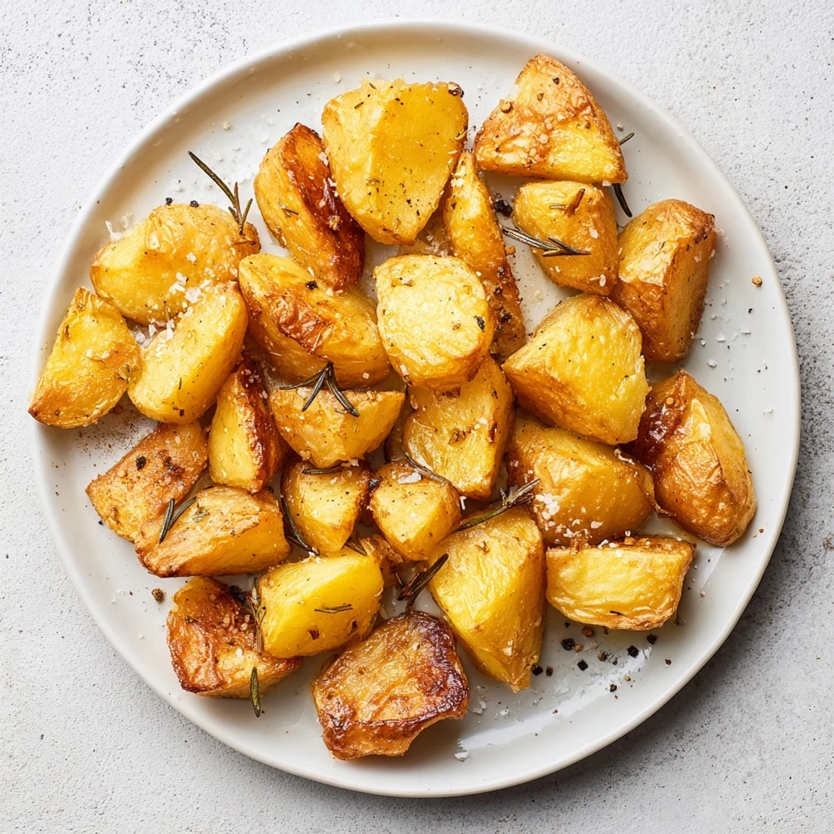 British-style homemade roast potatoes scattered with sea salt flakes and fresh rosemary sprigs on rustic wooden board