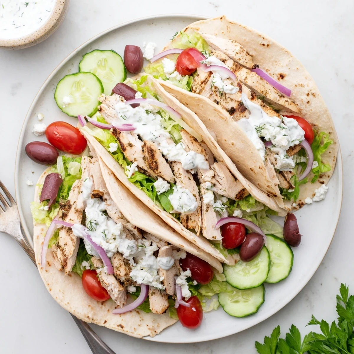 Golden grilled chicken stuffed in soft tortillas with crisp veggies and crumbly feta for Quick Mediterranean Chicken Tacos