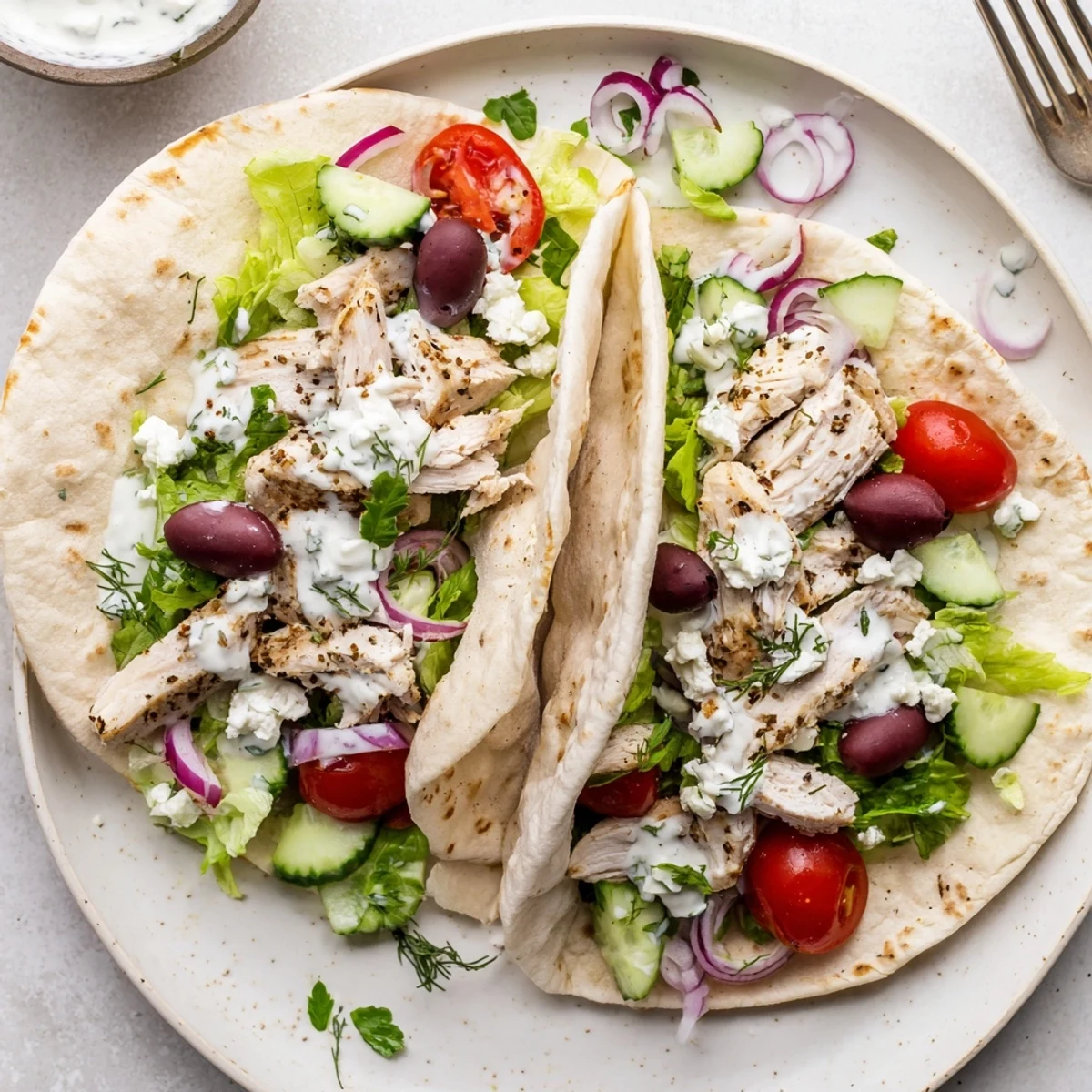 Tender spiced chicken layered with fresh cucumber, tomatoes, and tangy yogurt sauce in these Quick Mediterranean Chicken Tacos