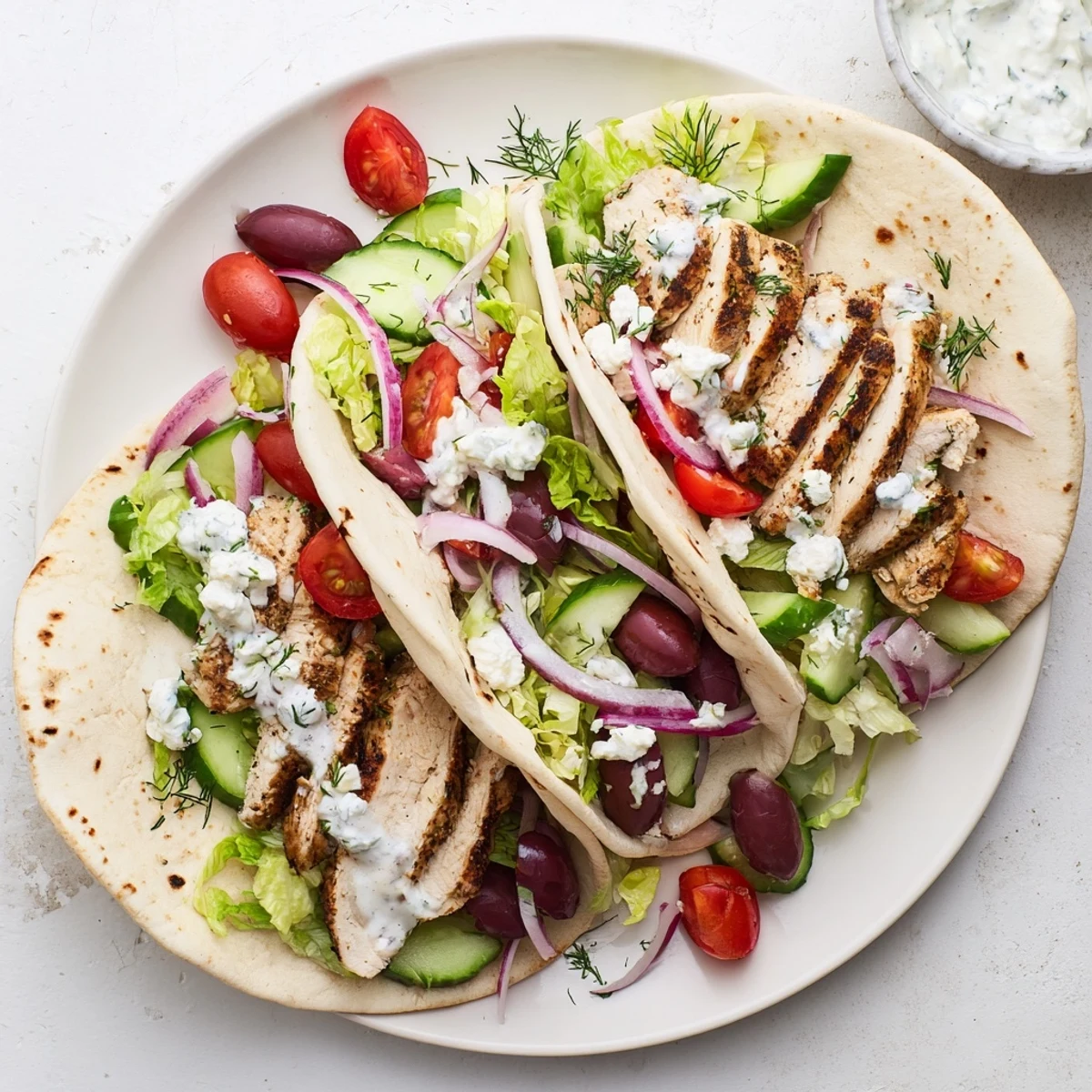 Colorful Mediterranean tacos featuring juicy sliced chicken, Kalamata olives, lettuce, and zesty garlic sauce
