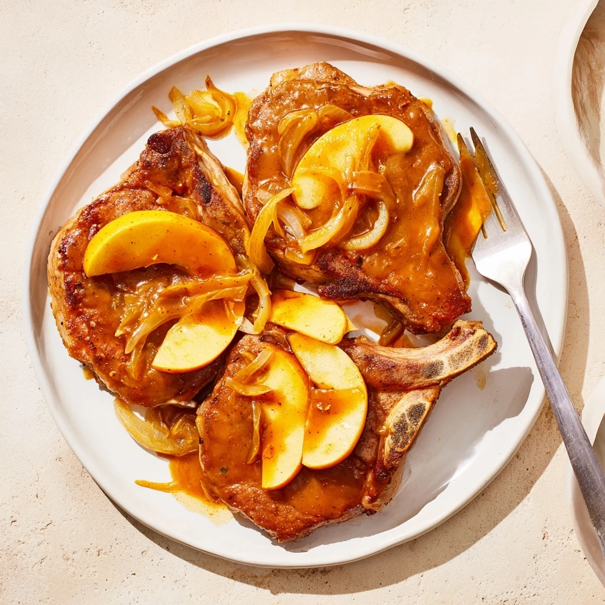 Tender skillet-cooked pork chops smothered in sweet apple butter sauce with sautéed onions and fresh apples