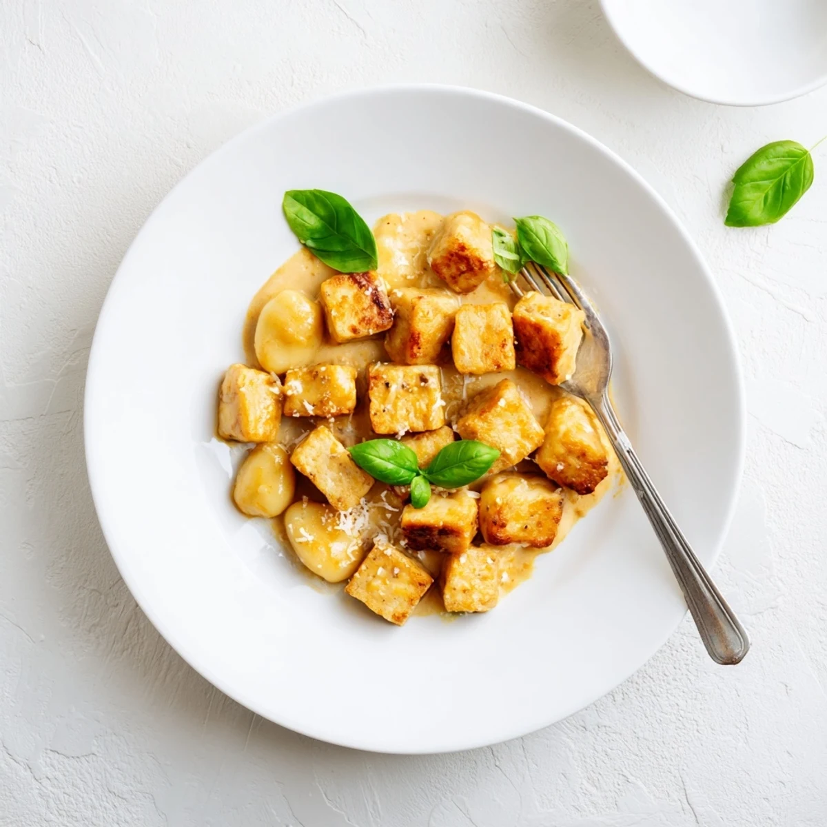 Golden crispy tofu cubes and pillowy potato gnocchi tossed in rich creamy sun-dried tomato sauce with fresh basil garnish