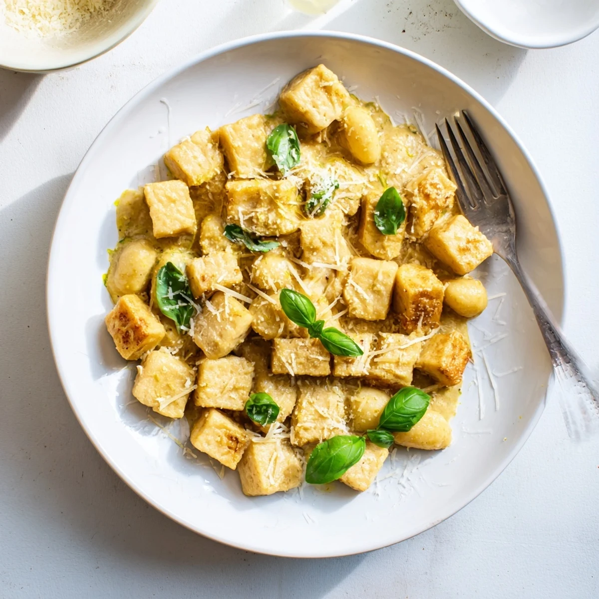 Plate of Marry Me crispy tofu with gnocchi swimming in velvety tomato cream sauce topped with grated Parmesan cheese