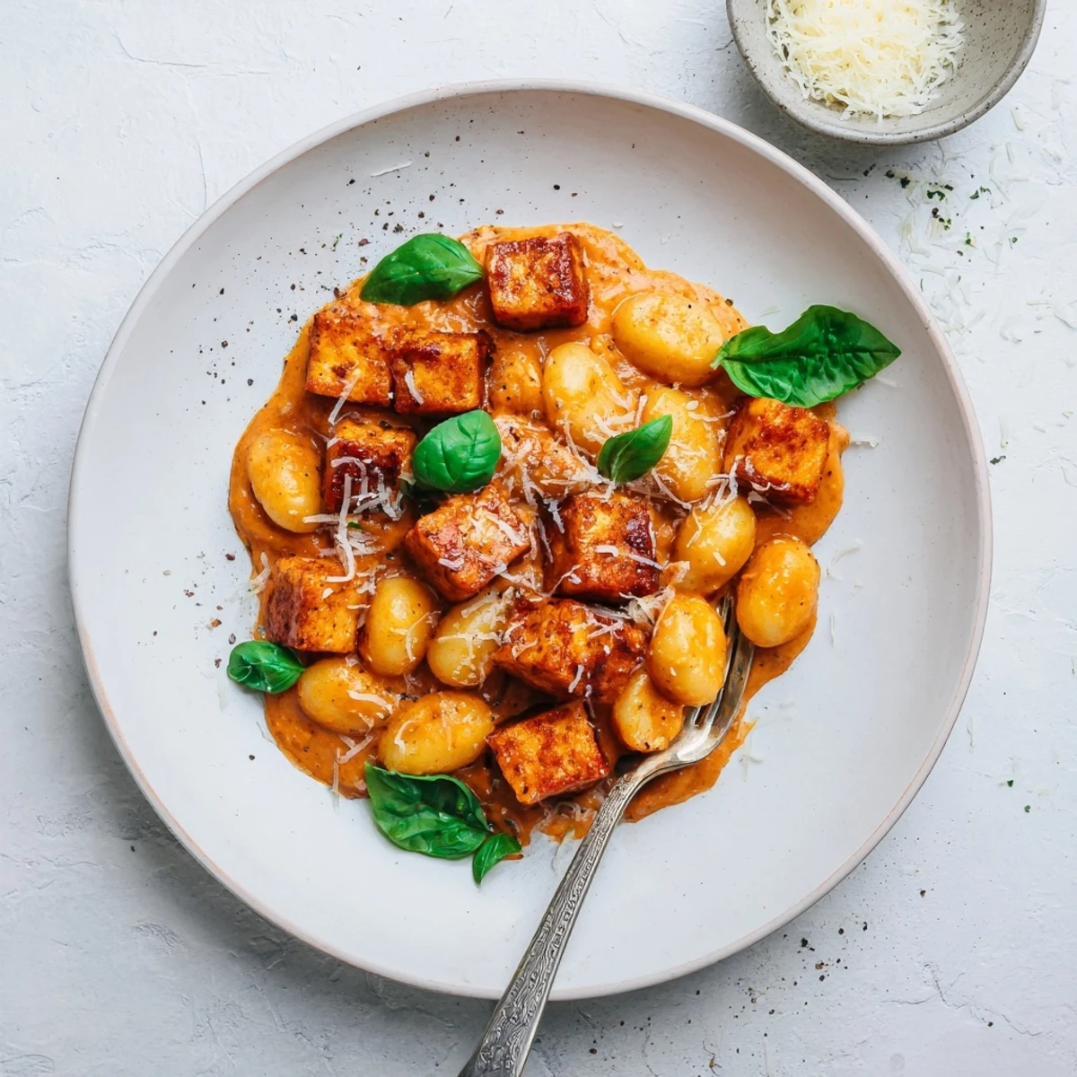 Golden brown tofu and tender gnocchi coated in luscious sun-dried tomato cream sauce finished with fresh basil leaves
