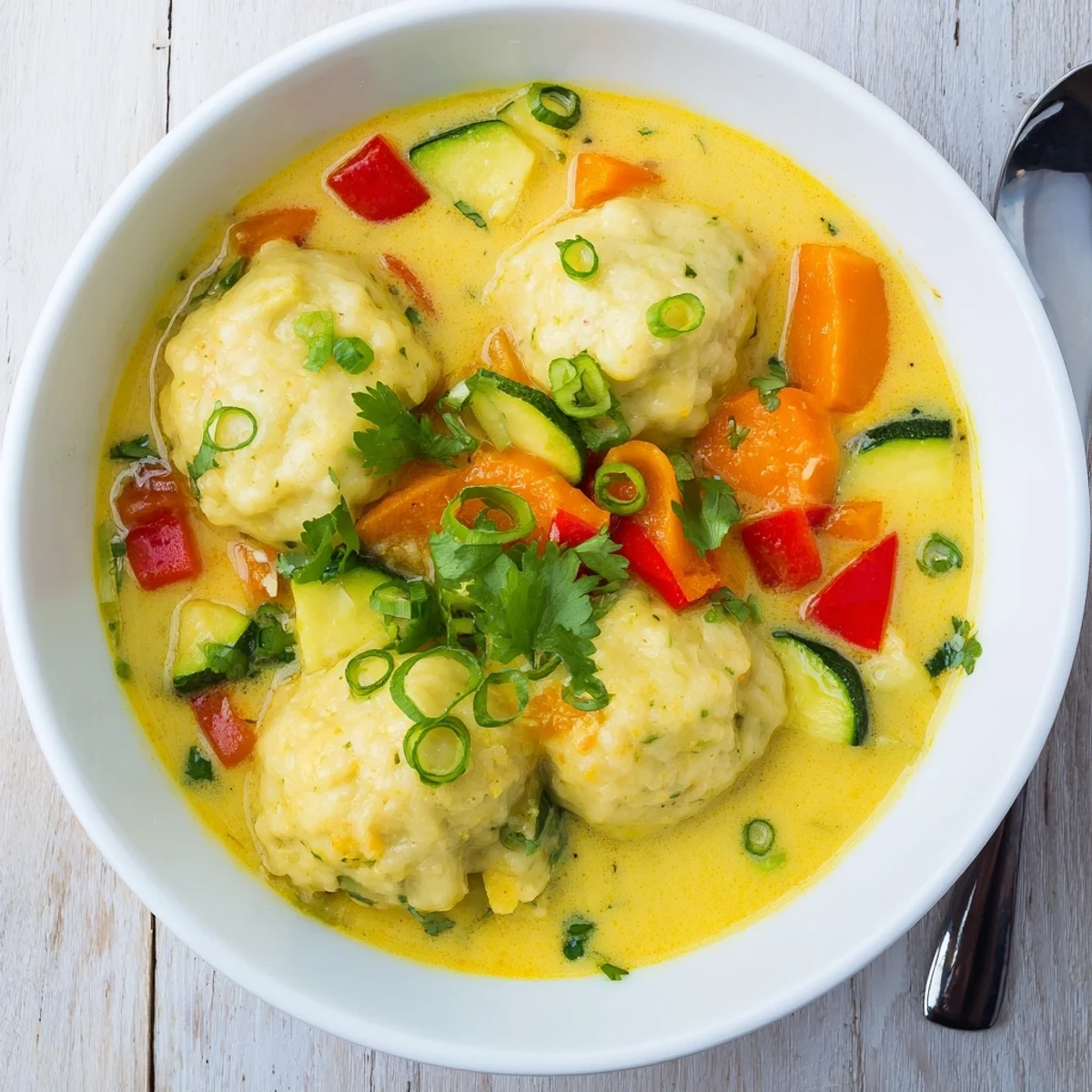 Steaming bowl of coconut curry soup featuring tender dumplings and colorful vegetables