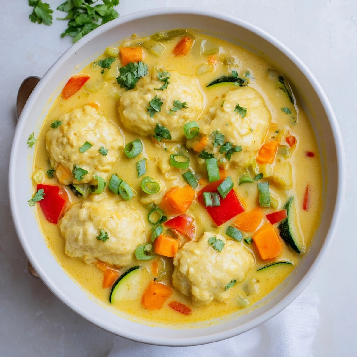 Creamy coconut curry soup with fluffy homemade dumplings floating in golden spiced broth
