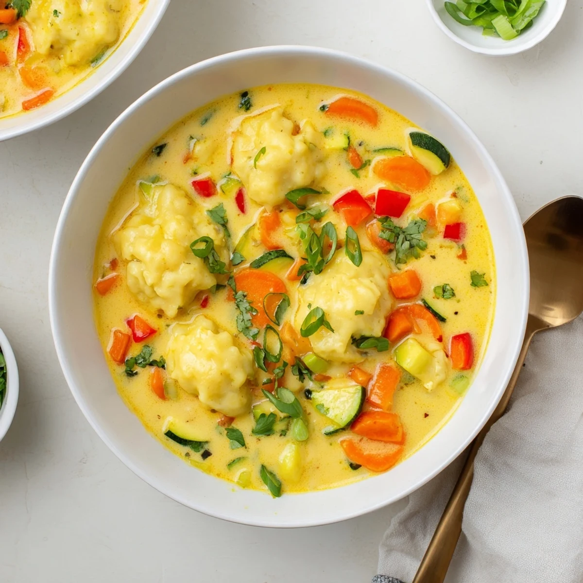 Vibrant coconut curry soup topped with pillowy dumplings and fresh cilantro garnish