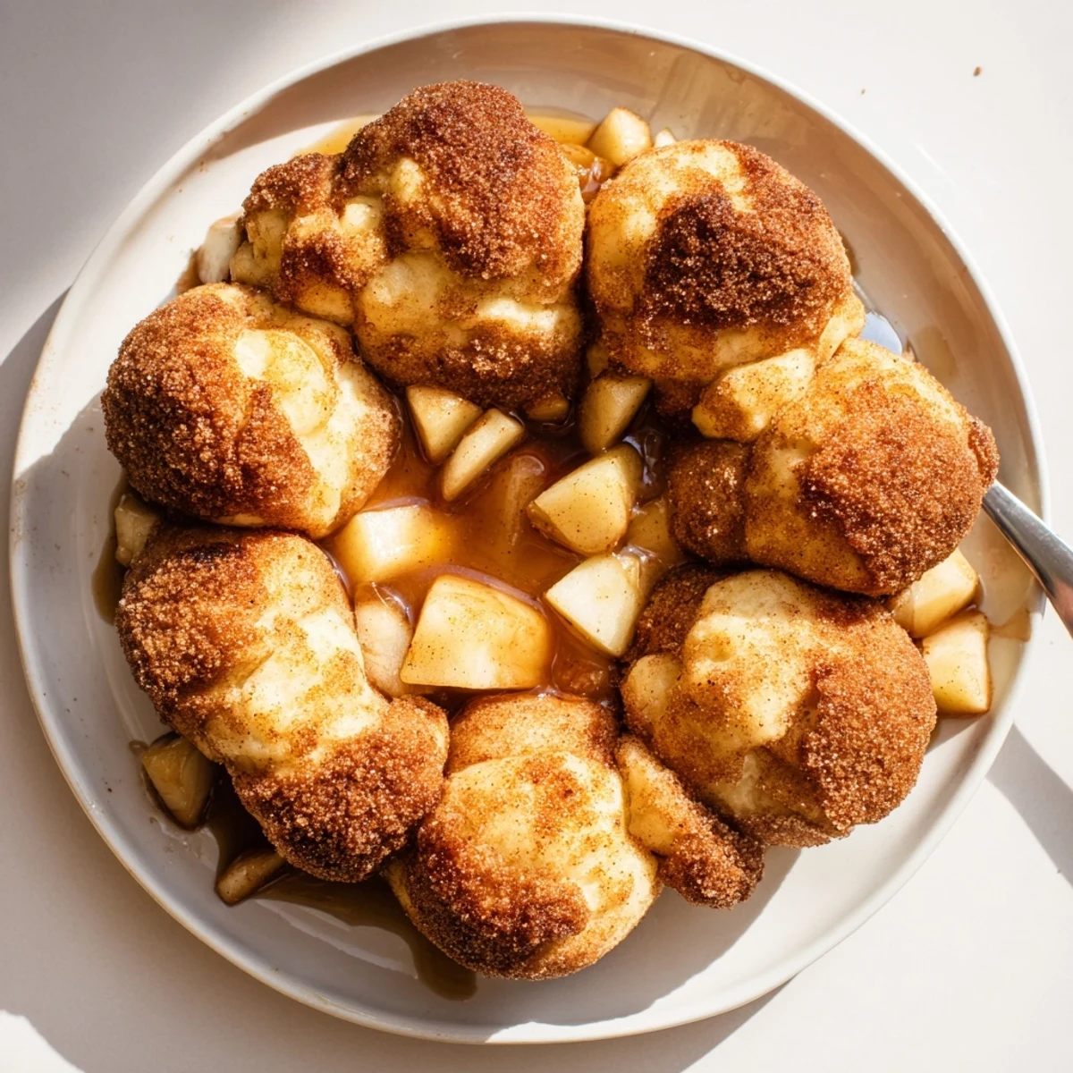 Golden brown caramel apple pie bombs with cinnamon sugar coating on baking sheet