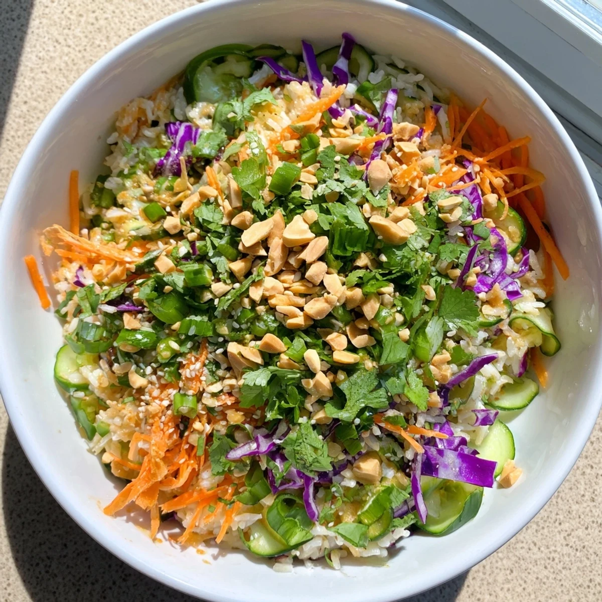 Colorful crispy rice salad bowl topped with fresh vegetables and drizzled with creamy peanut sesame dressing