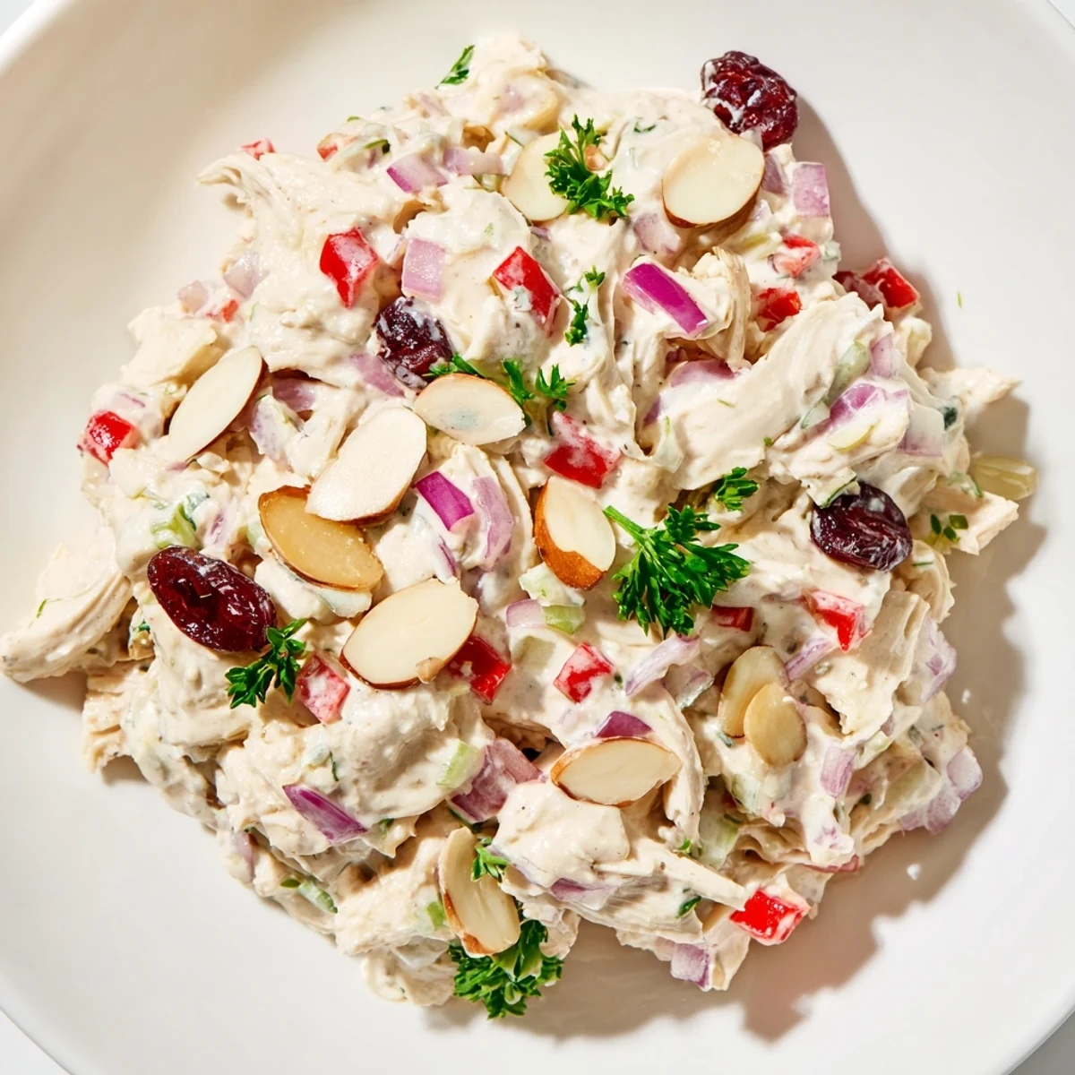Creamy Greek yogurt rotisserie chicken salad with crisp red peppers and fresh parsley