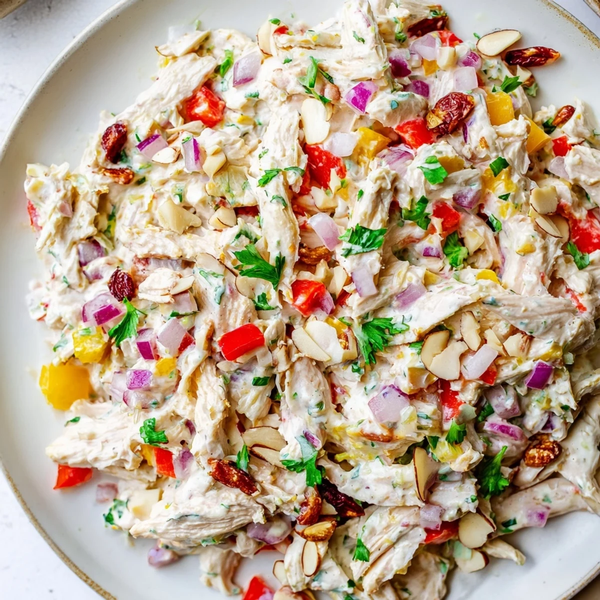 Light Greek yogurt rotisserie chicken salad featuring tender shredded chicken and colorful red onion