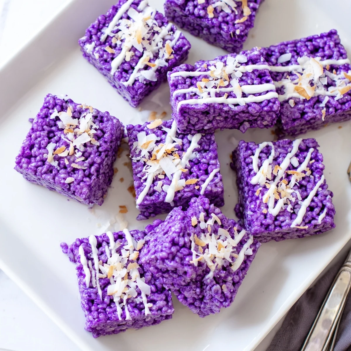 Chewy Filipino-style ube rice krispie squares cut into pieces on a white serving plate