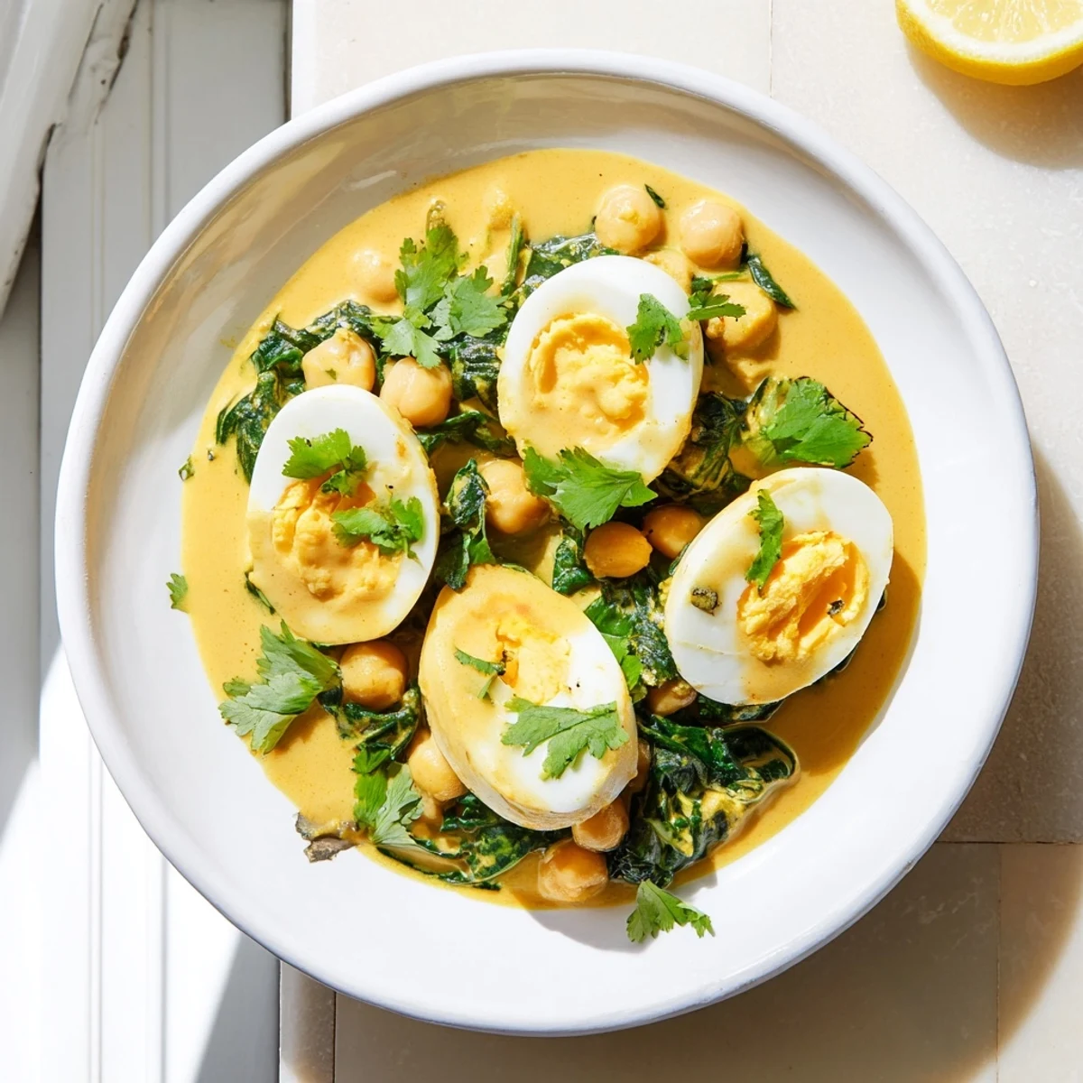 Golden halved eggs nestled in fragrant coconut korma sauce with tender chickpeas and wilted spinach