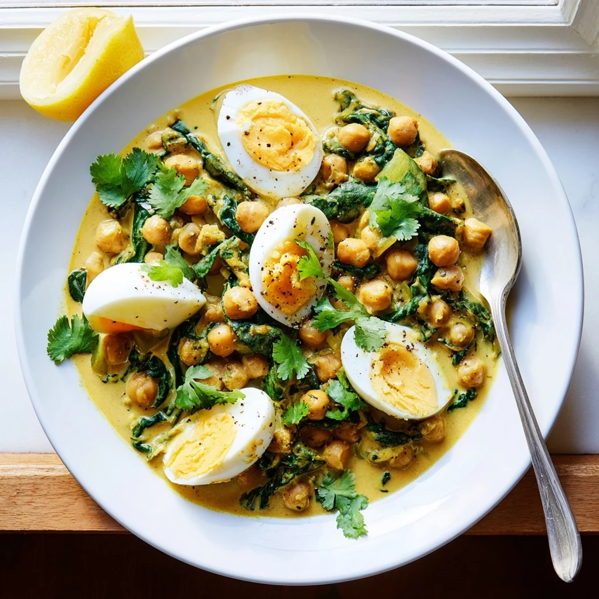Creamy mild egg korma with chickpeas and fresh spinach served in a bowl