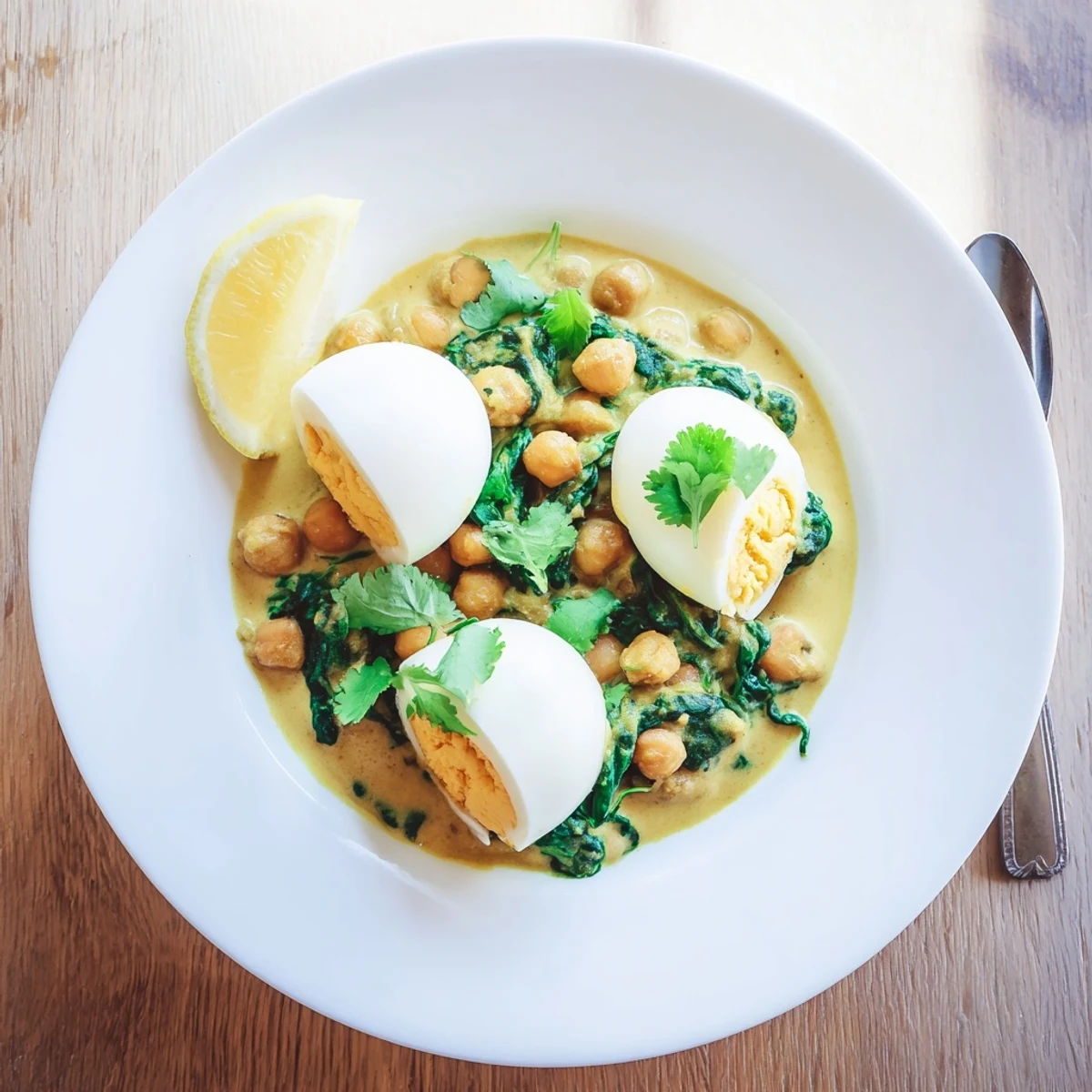 Vegetarian Indian curry featuring boiled eggs, hearty chickpeas, and vibrant green spinach in aromatic sauce