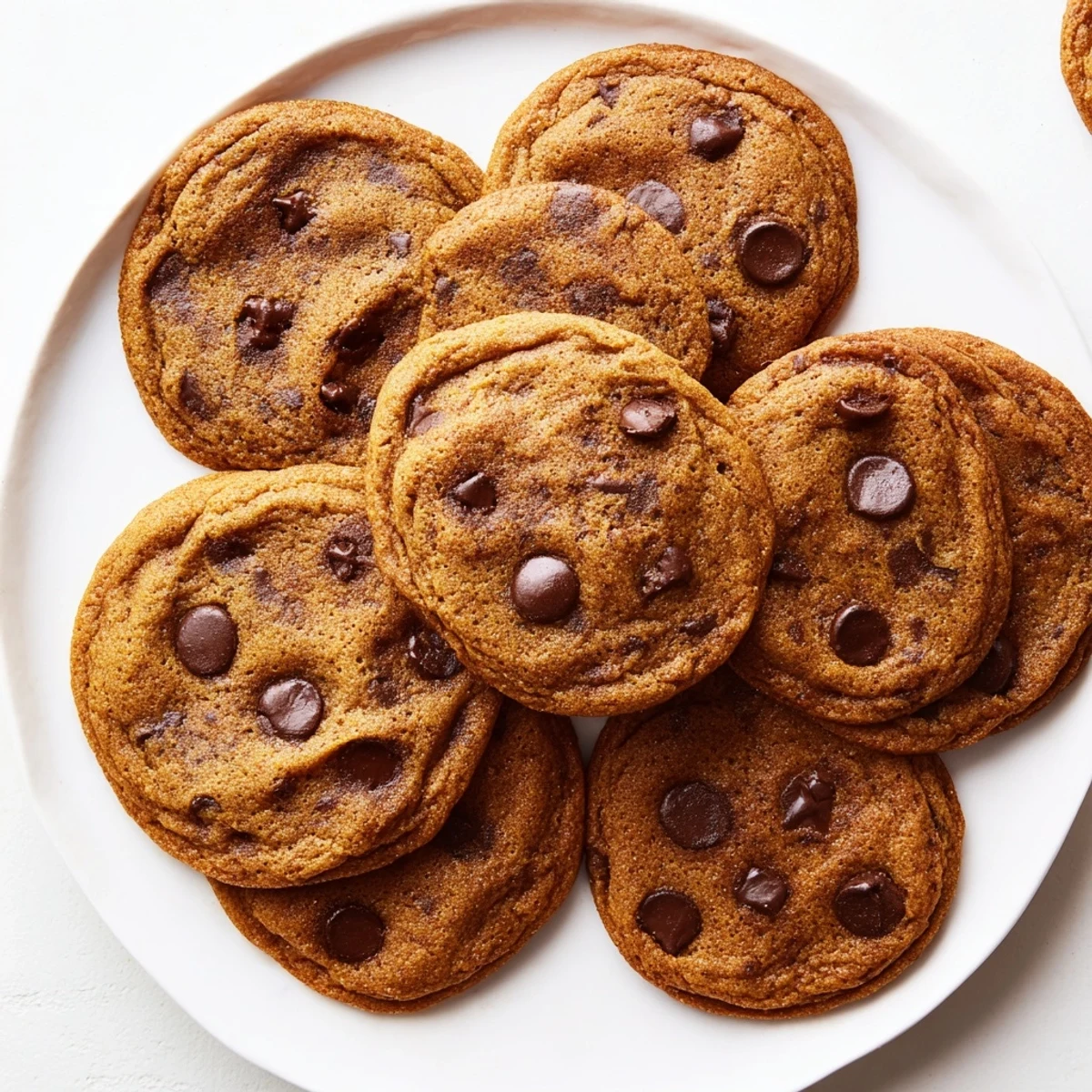 Chewy pumpkin spice chocolate chip cookies fresh from the oven with golden crispy edges