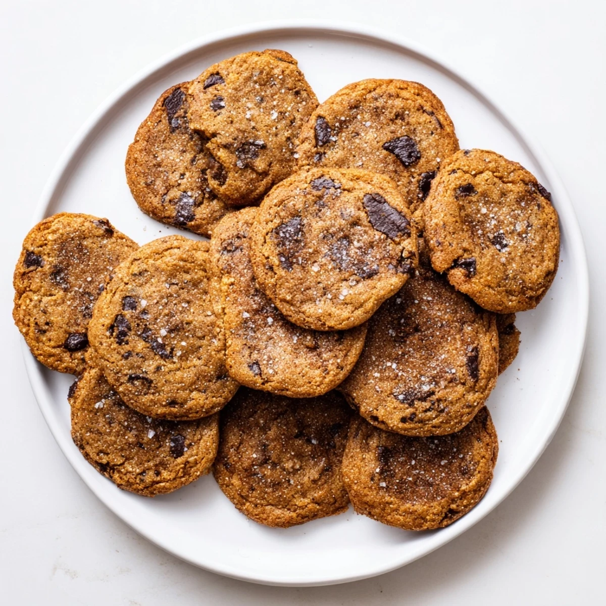 Soft pumpkin spice chocolate chip cookies stacked on a wooden cutting board with melting chocolate