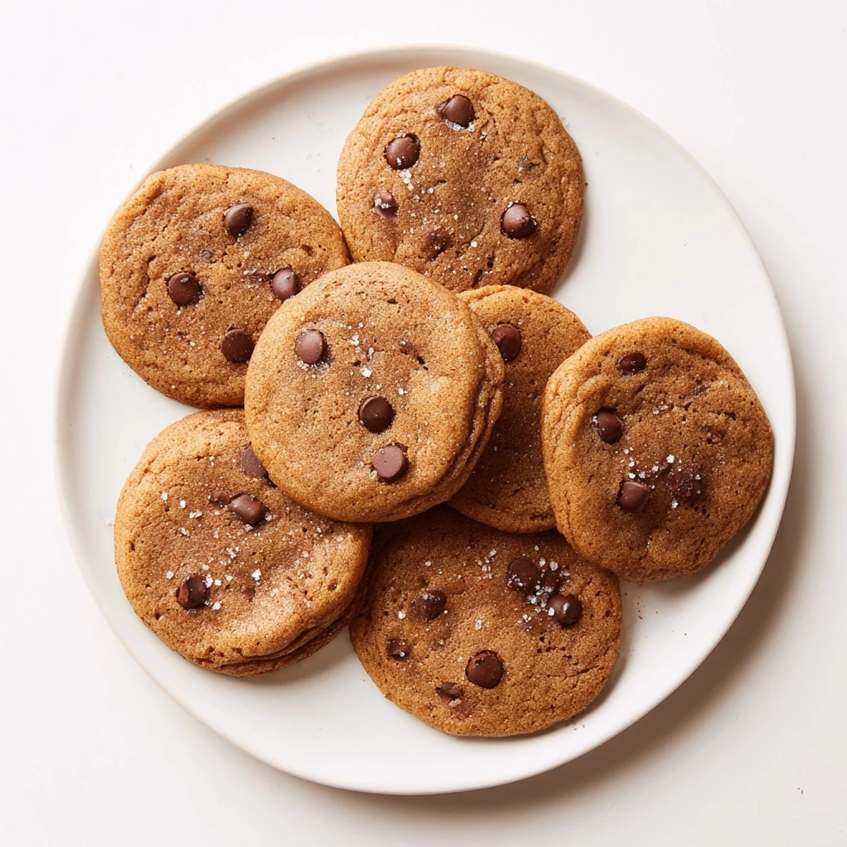 Homemade pumpkin spice chocolate chip cookies on a white plate dusted with cinnamon powder