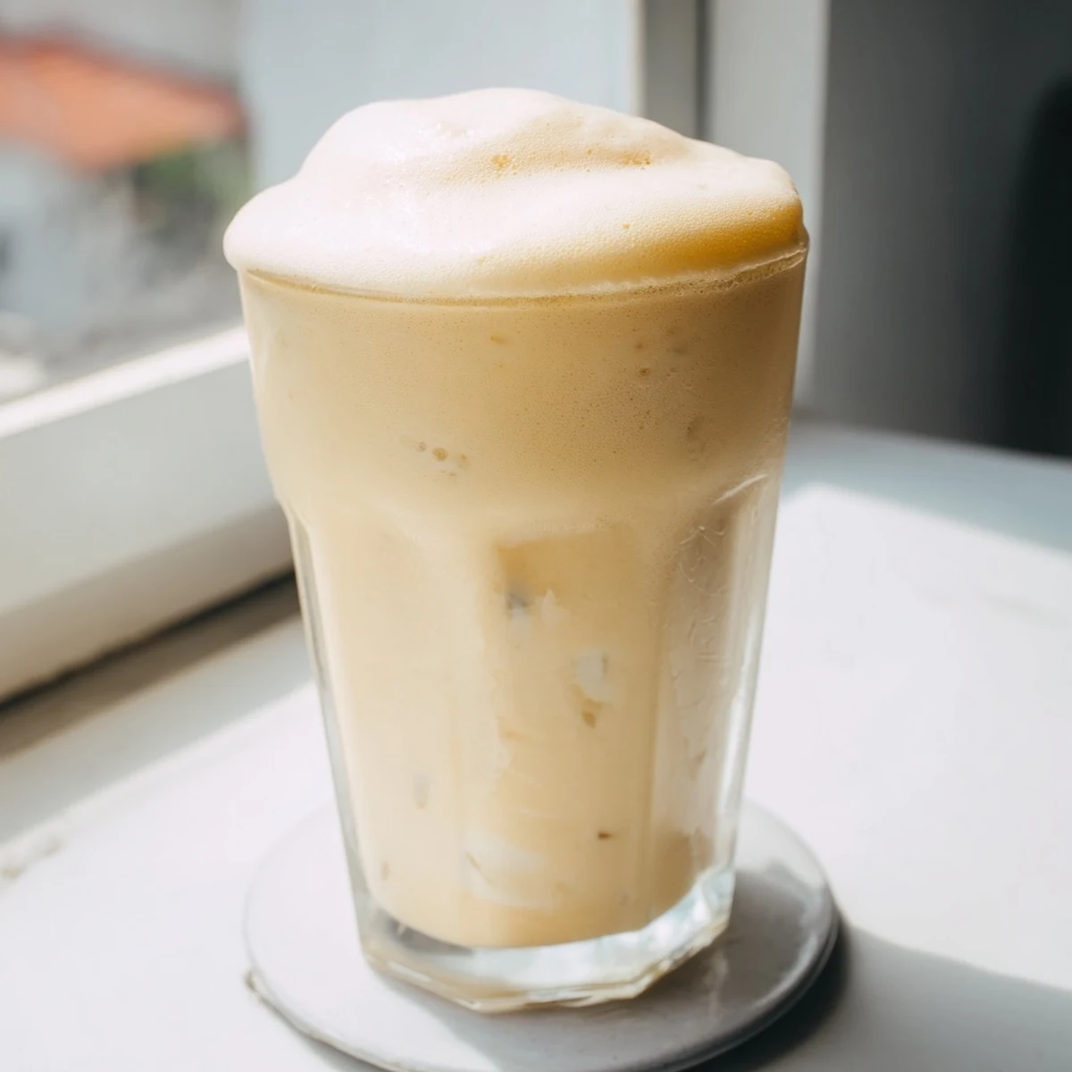 Thick durian smoothie featuring ripe banana and coconut milk topped with ice cubes