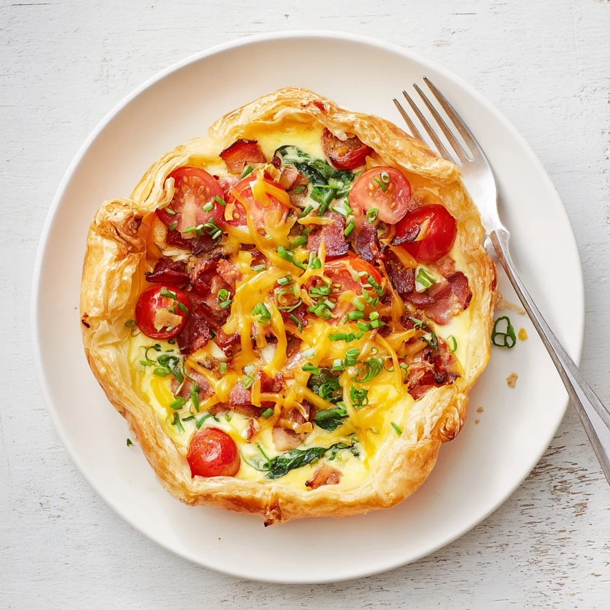 Savory breakfast tart featuring crisp bacon cherry tomatoes spinach and creamy egg custard filling