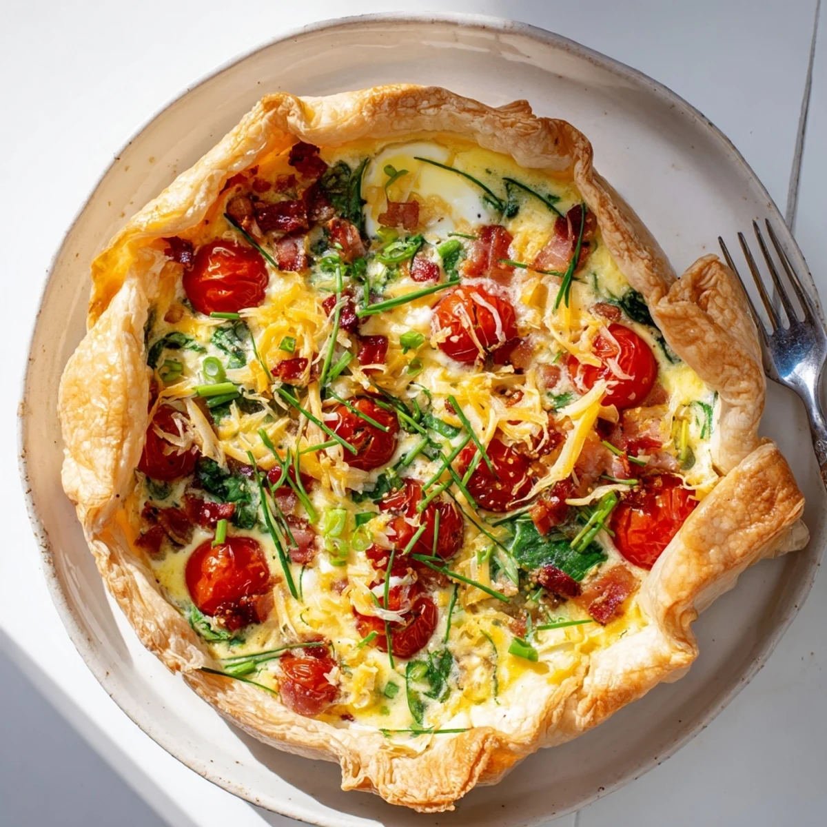 Golden family breakfast tart with flaky pastry crust loaded with eggs bacon and melted cheddar