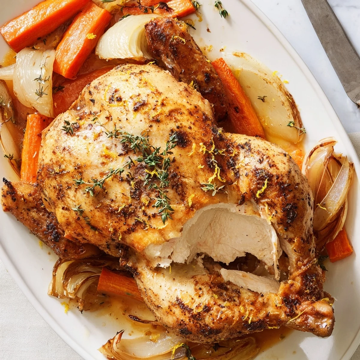 Golden roast garlic and lemon chicken resting on a roasting pan with caramelized vegetable bed