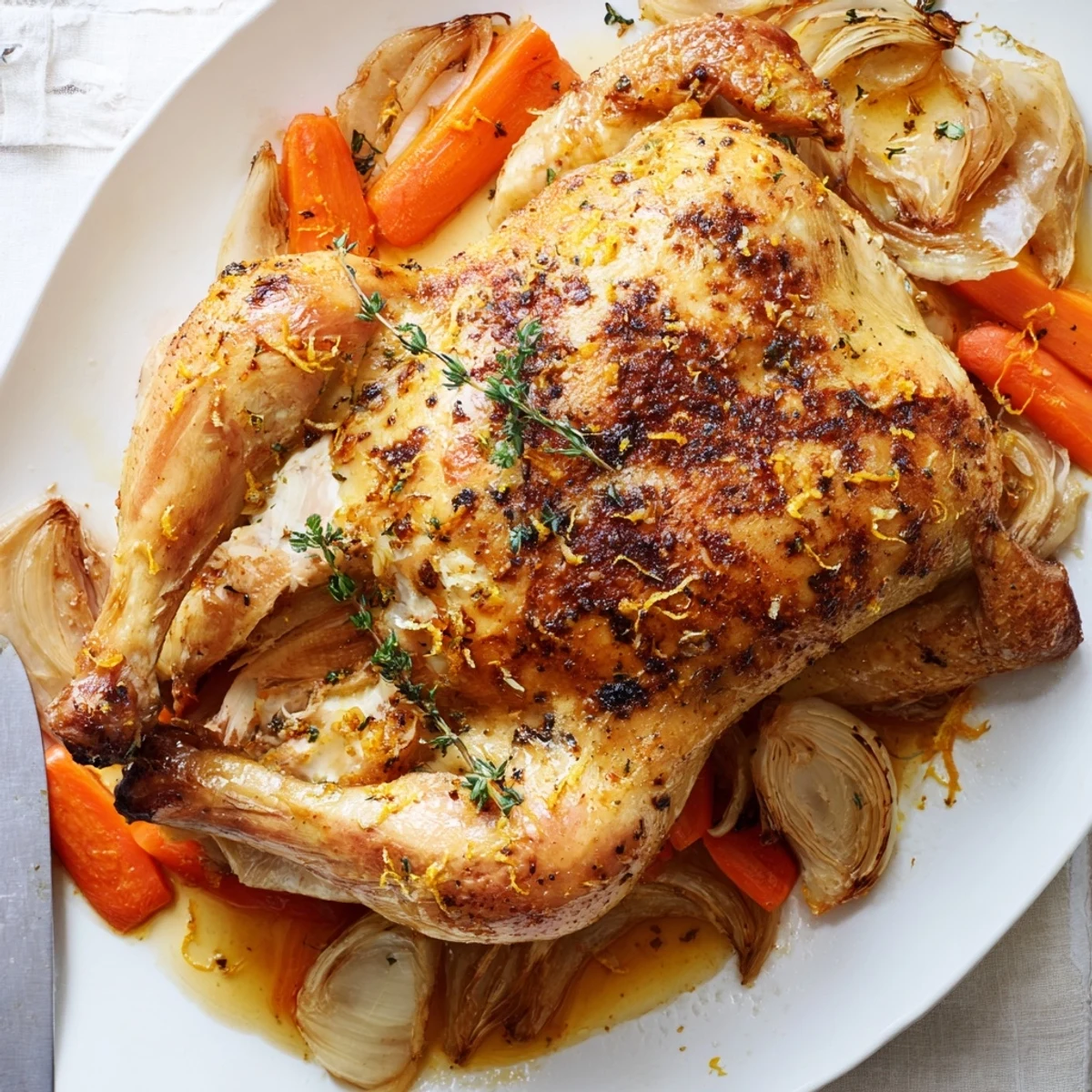 Succulent roast garlic and lemon chicken displayed with crispy golden skin and fresh herb garnish