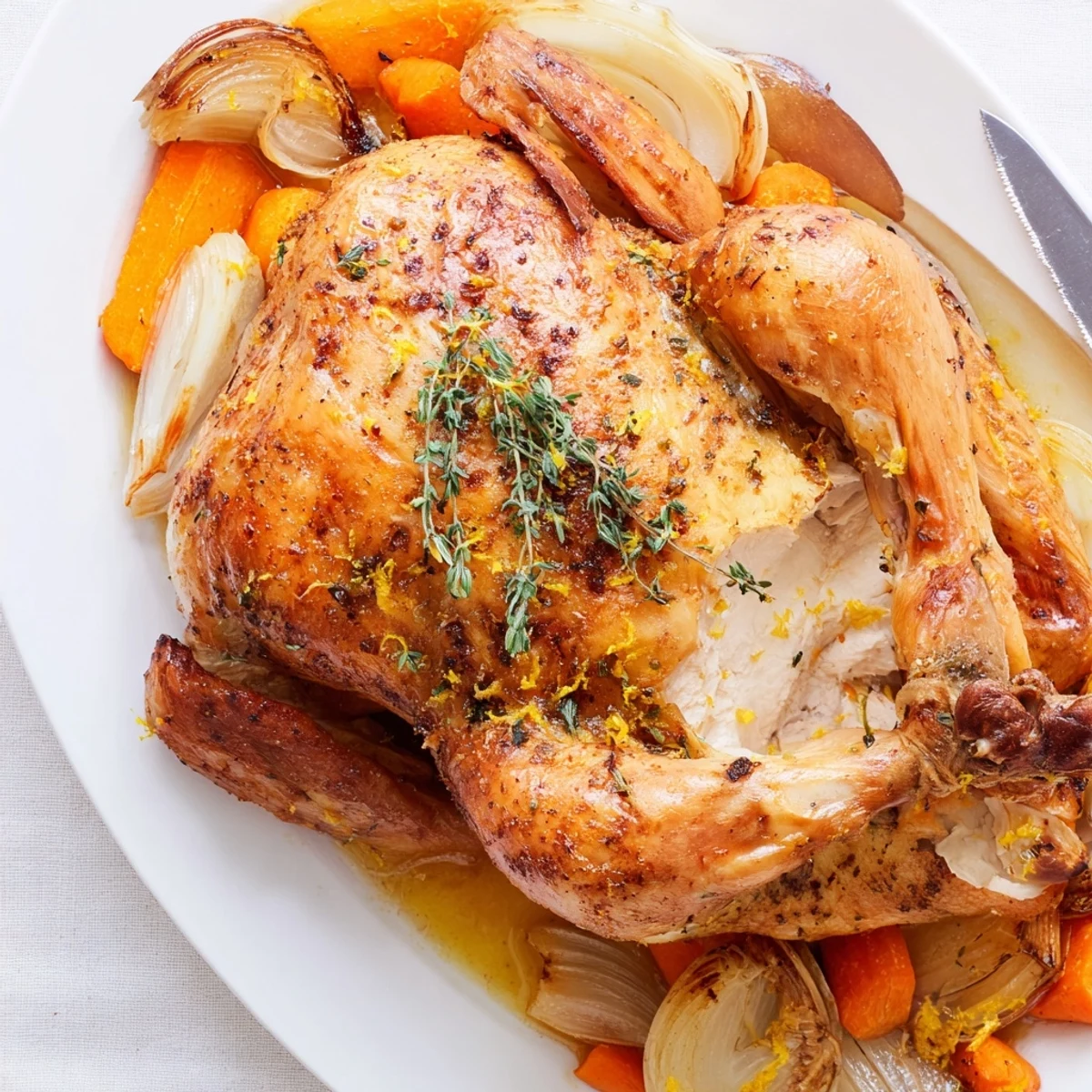 Whole Mediterranean roasted chicken seasoned with fresh thyme, zesty lemon, and aromatic garlic halves