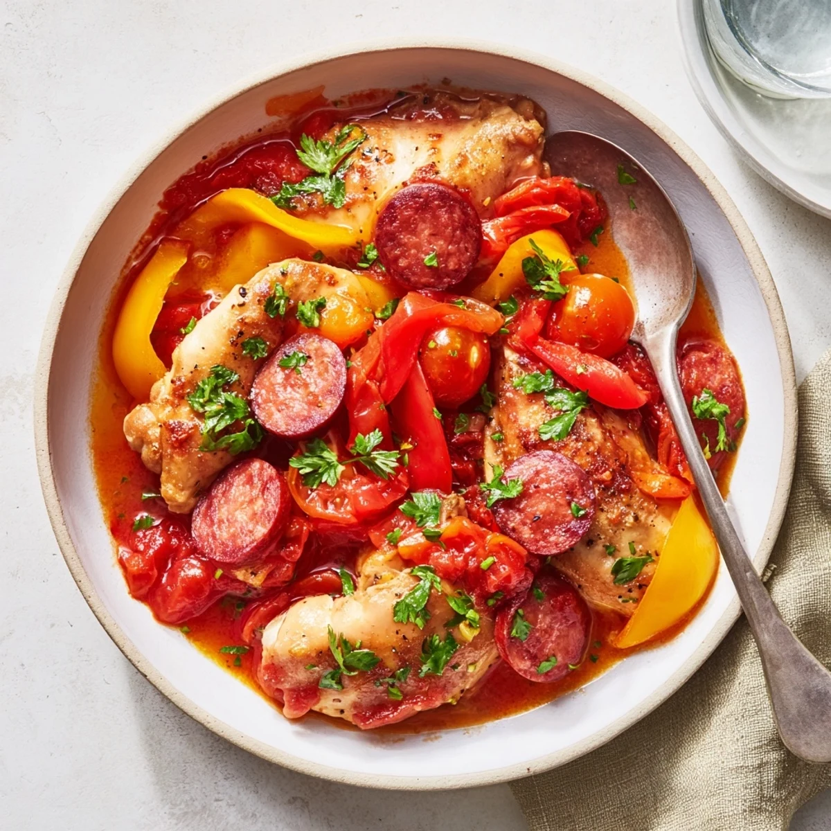 Golden chicken chorizo and tomato casserole bubbling in a Dutch oven with colorful peppers