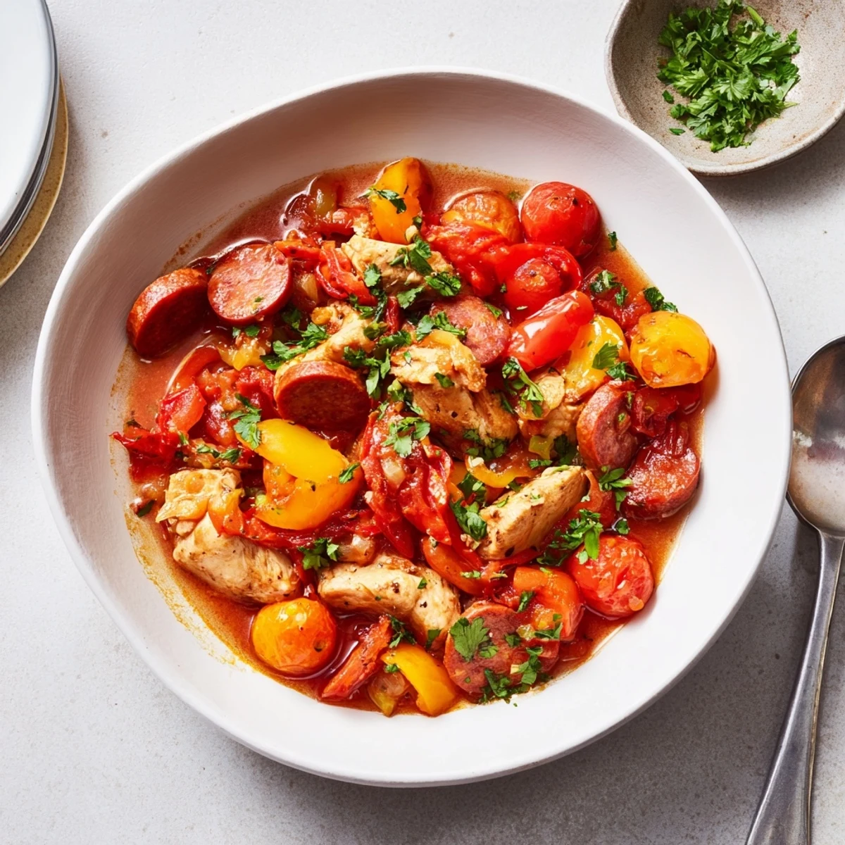 Hearty one-pot chicken chorizo and tomato casserole featuring tender meats and juicy ripe tomatoes