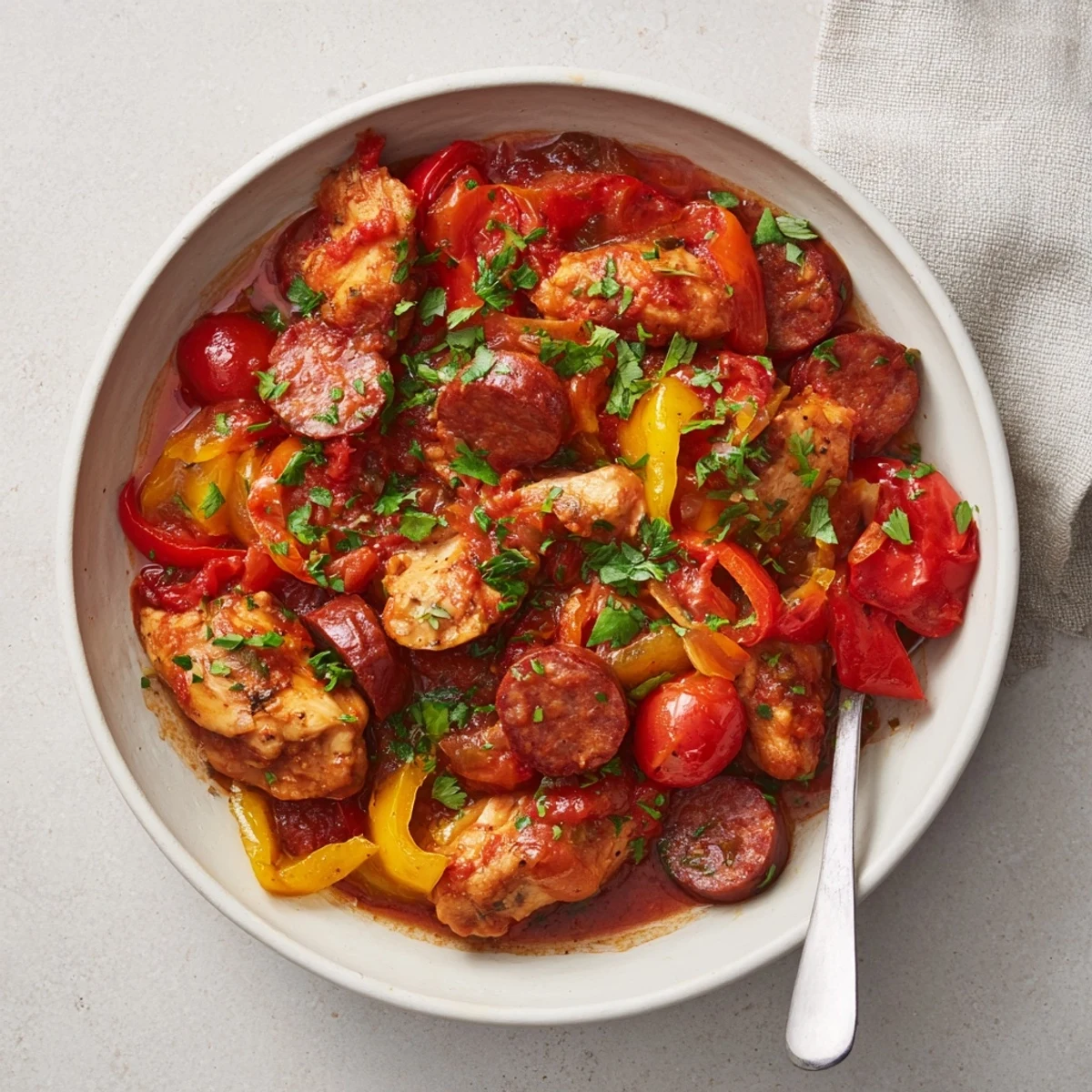 Savory Spanish-style chicken chorizo and tomato casserole garnished with fresh parsley and served hot
