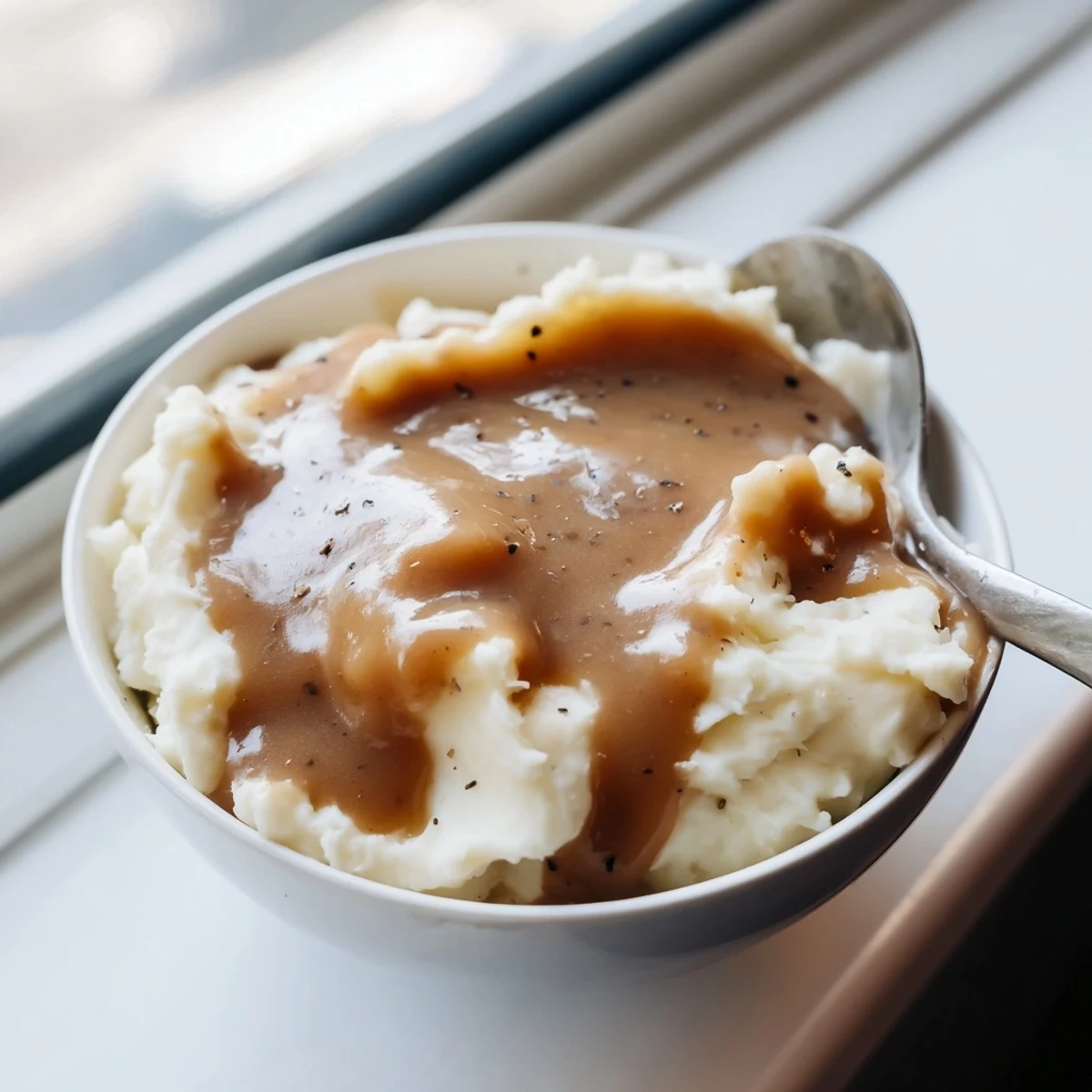 Golden homemade gravy poured generously over fluffy mashed potatoes in a white ceramic bowl