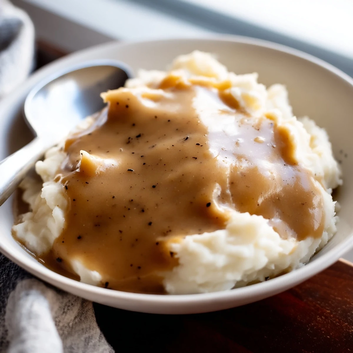 Silky smooth homemade gravy being ladled from a saucepan over roast beef and vegetables