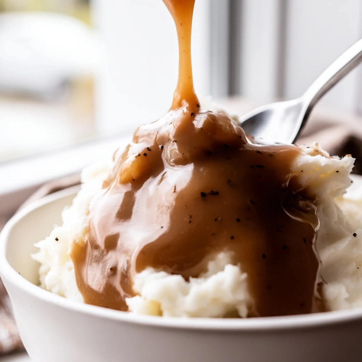 Rich and savory homemade gravy with fresh thyme sprigs garnishing a rustic wooden serving board
