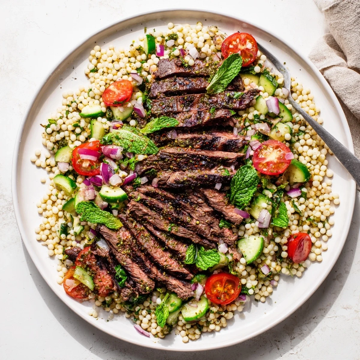 Sliced grilled skirt steak arranged over a colorful pearl couscous salad with fresh herbs