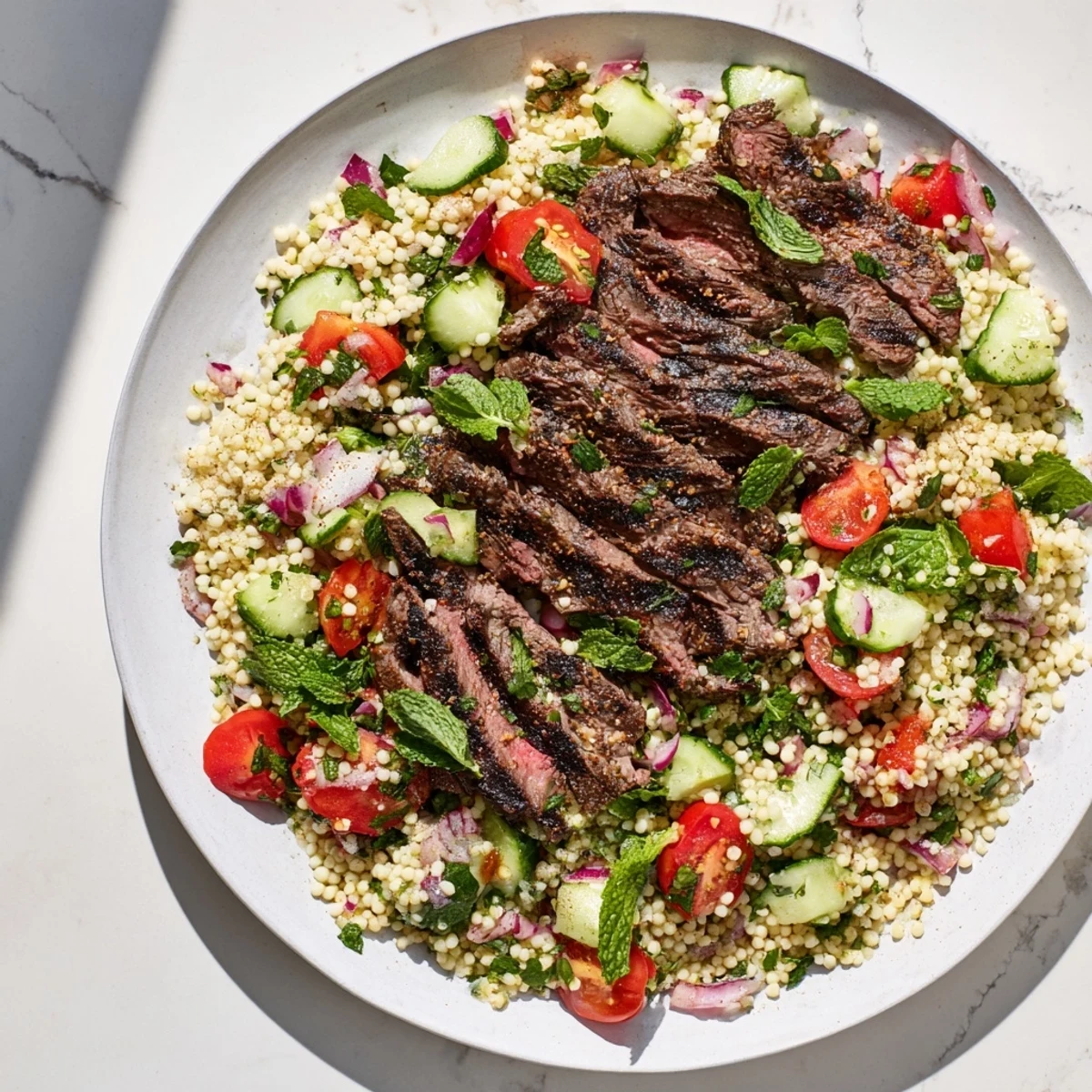 Juicy grilled skirt steak served atop Mediterranean pearl couscous salad with cherry tomatoes and parsley