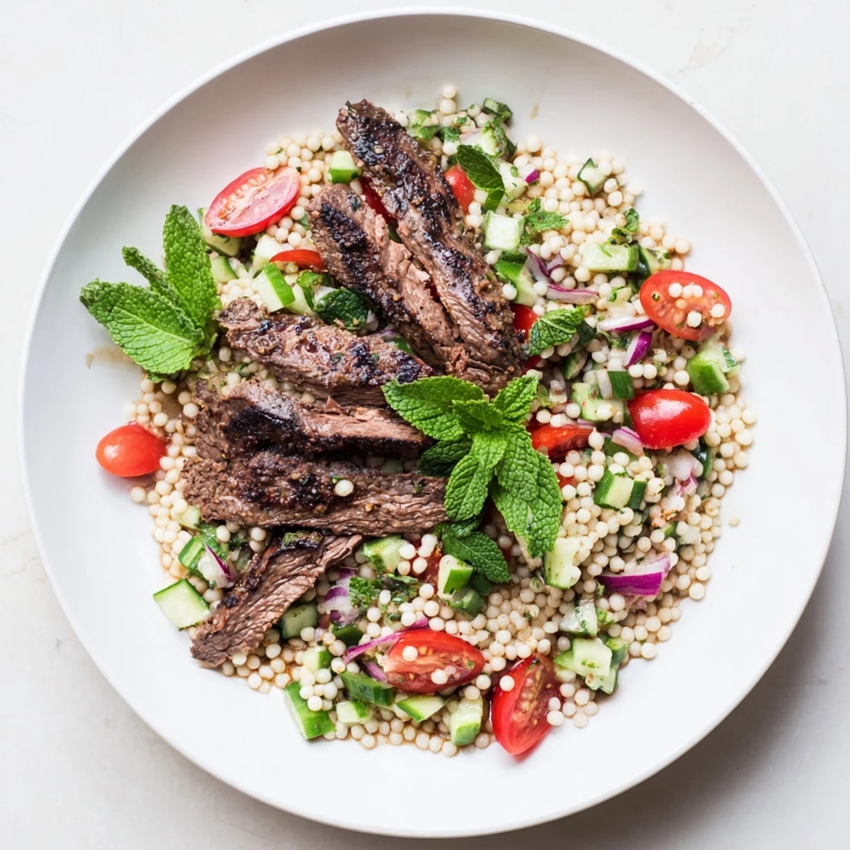 Perfectly grilled skirt steak plated with zesty pearl couscous salad featuring mint and cucumber