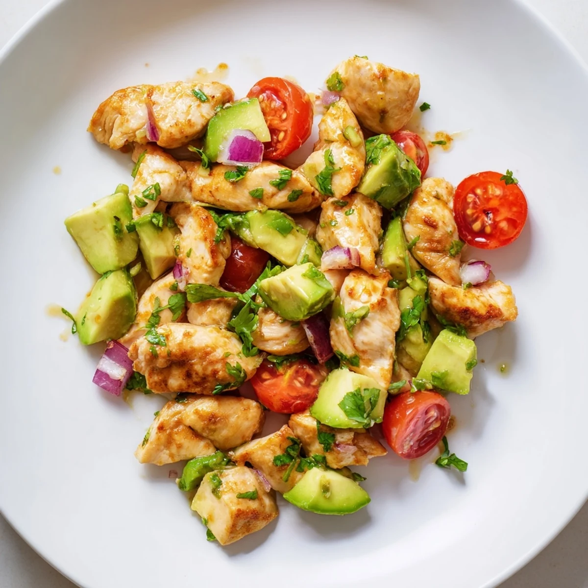 Juicy honey lime chicken breast paired with creamy avocado and vibrant cherry tomato salad
